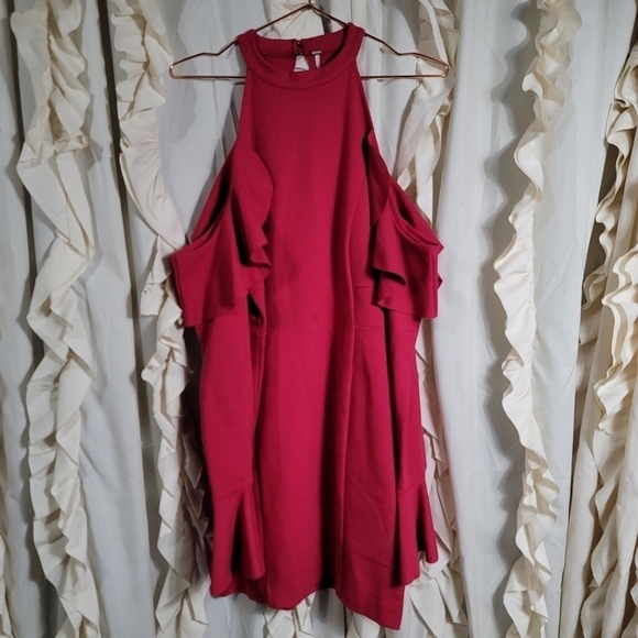 NWT Free People Sweet Talk Frill Mini Dress Raspberry Medium Ponte Knit - Picture 2 of 10